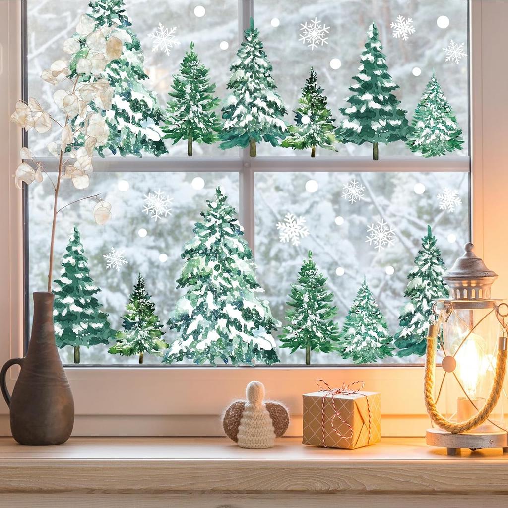 KALEFO 60Pcs Snowy Winter Decor Snow Tree Window Clings Decals Forest Trees White Christmas Decorations Kids Room Window Stickers Xmas Tree Snowflake