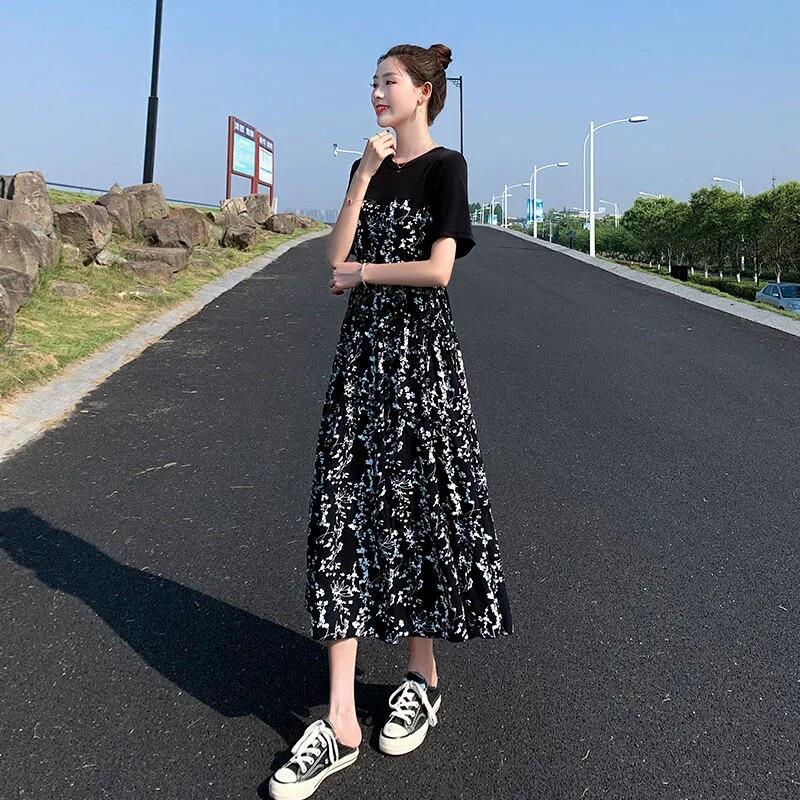 Hepburn Style Women's Floral Patchwork Midi Dress - Elegant High Waist Slimming Skirt for Summer 2026