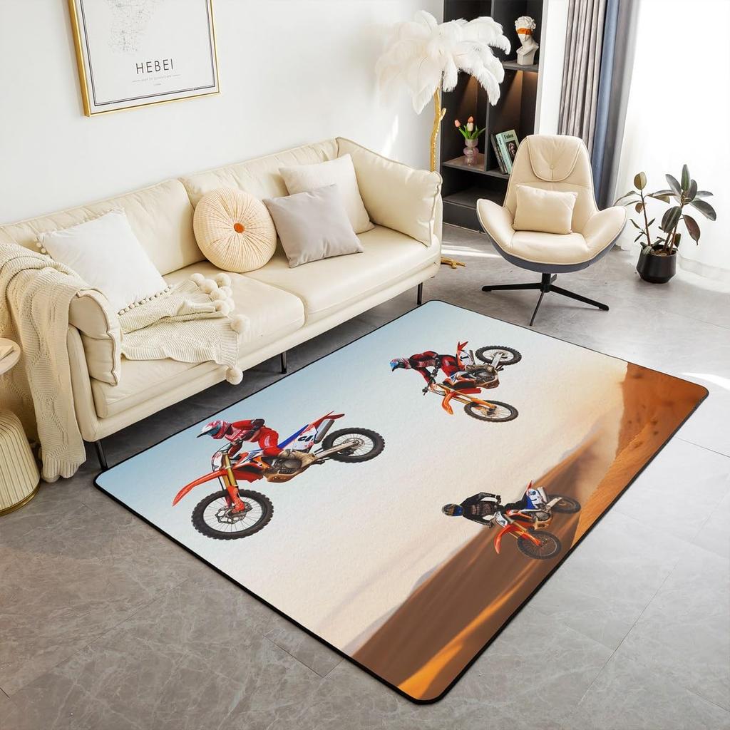 Teen Dirt Bike Area Rug for Living Room Motocross Rider Floor Mat Motorbike Extreme Sport Carpet Snow Mountain Landscape Doormat