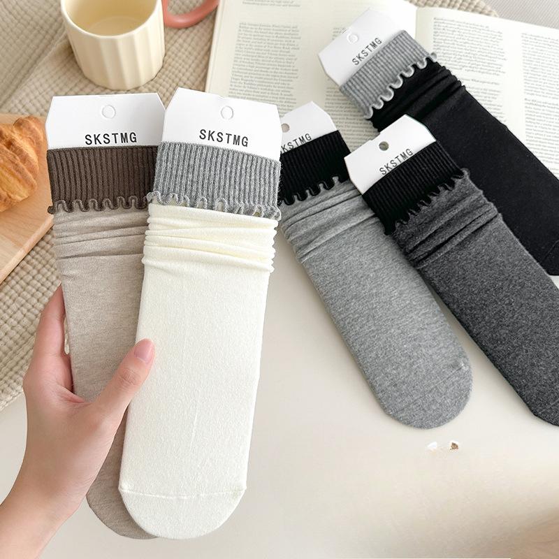 Female Spring and Autumn All Match Match Color Fungus Edge Roll Edge In The Tube Pile Cotton Socks