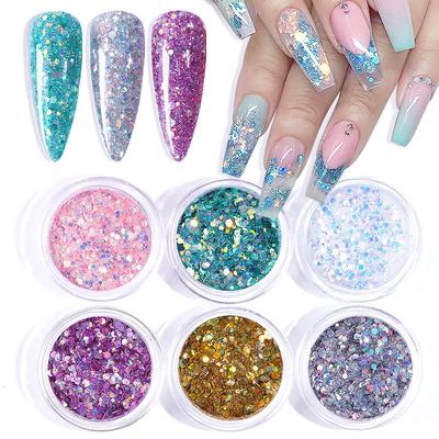 6pcs Nail Glitter Sugar Dipping Powder Sandy White Gold Flakes DIY Holographic Decorations For Nail Art