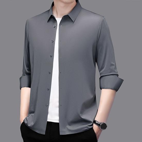 Men Shirt Lapel Long Breasted Shirt Color Elastic Fabric Tops Pure Sleeve Single Lightweight Breathable Shirt