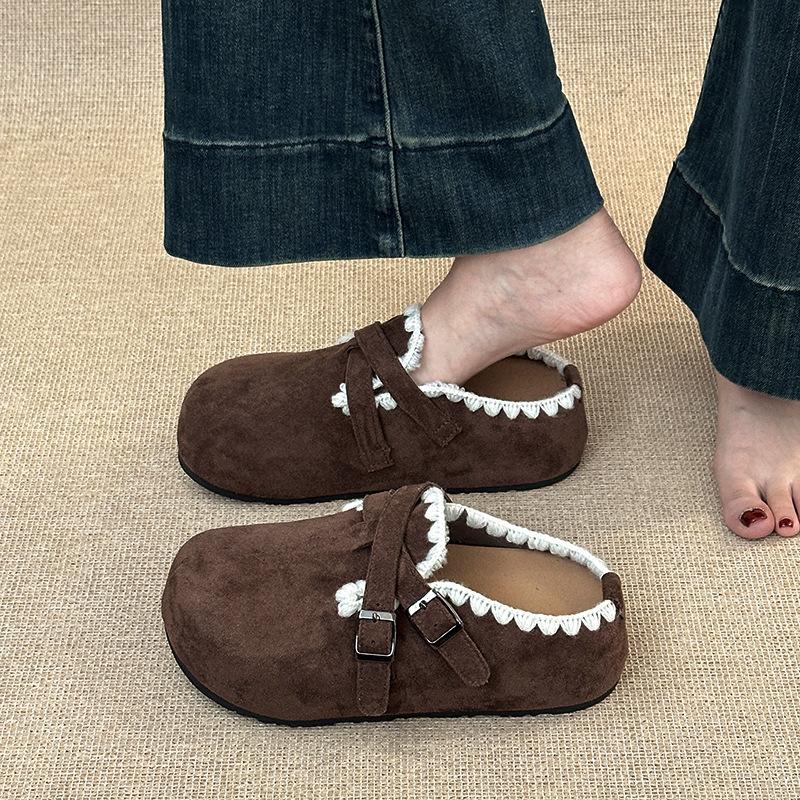 2025 Retro Versatile Fashion Niche Baotou Half Slippers Women's Autumn and Winter Design Belt Buckle Casual Slippers
