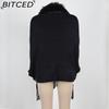 BITCED Fall/Winter Fringe Cape Shawl with Fur Collar Solid-Color Knit Sweater Jacket