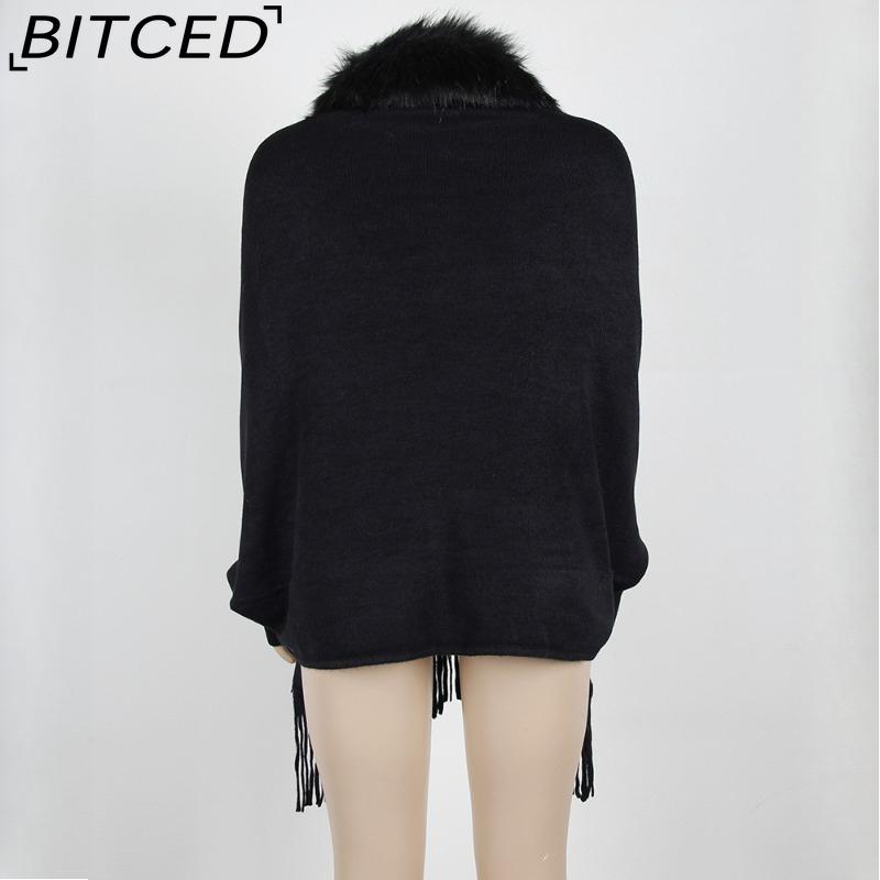 BITCED Fall/Winter Fringe Cape Shawl with Fur Collar Solid-Color Knit Sweater Jacket