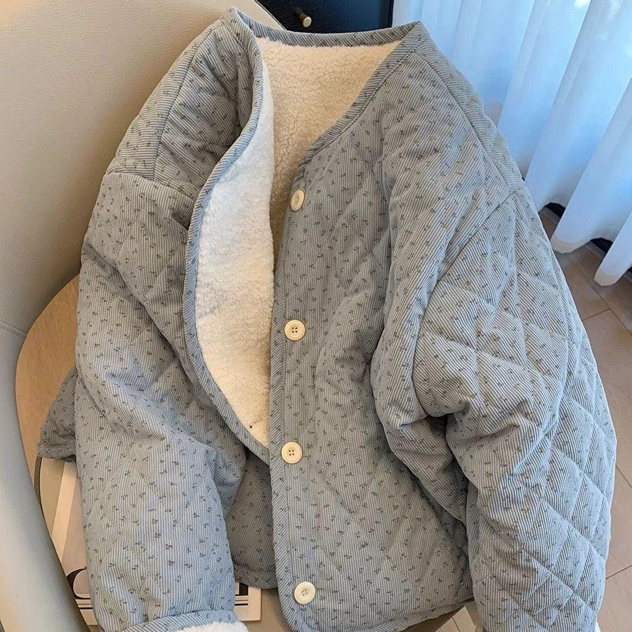 

Women s Floral Cotton Corduroy Jacket - Korean Chic, Round Neck, Long-Sleeved, Versatile, Warm, and Loose for Autumn/Winter. Medium синій