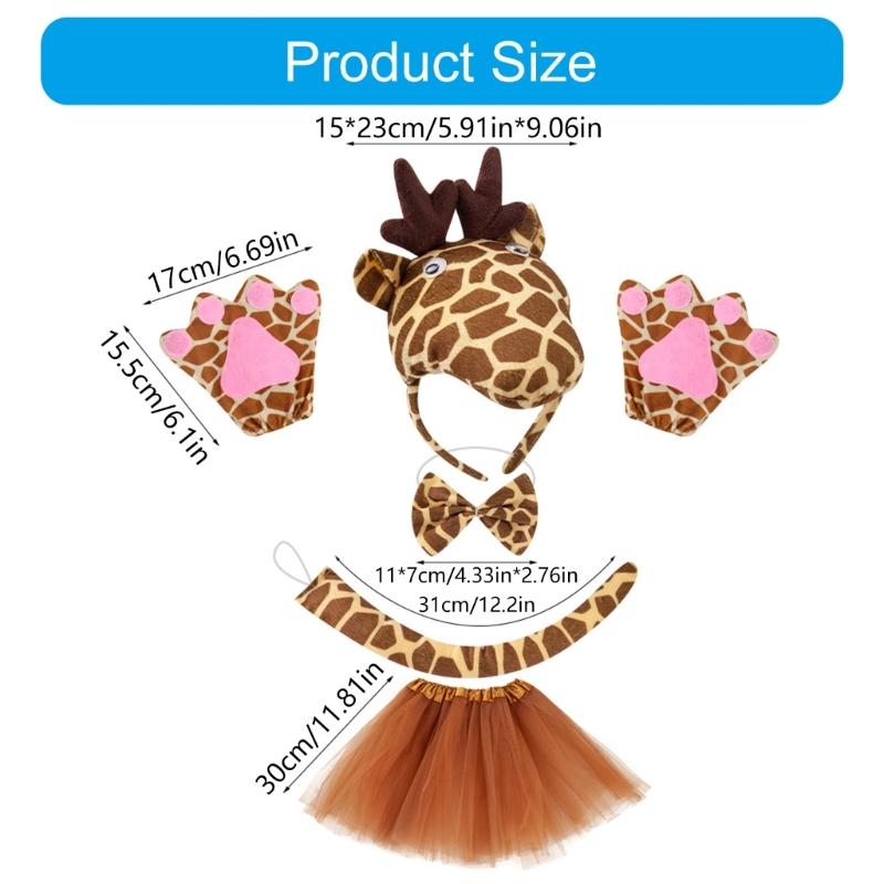 1/3/4/5Pcs Kids Girls Giraffe Costume Accessories Set Giraffe Ears Headband Bowtie Giraffe Tail Tutu Skirt for Animal Party