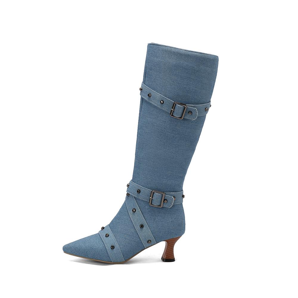 Fashion Women Victorian Pointed Toe Mid-Calf Boots Leather Rivet Buckle Punk Lace Up Strange Steampunk High Heel Shoes Plus Size 34-46