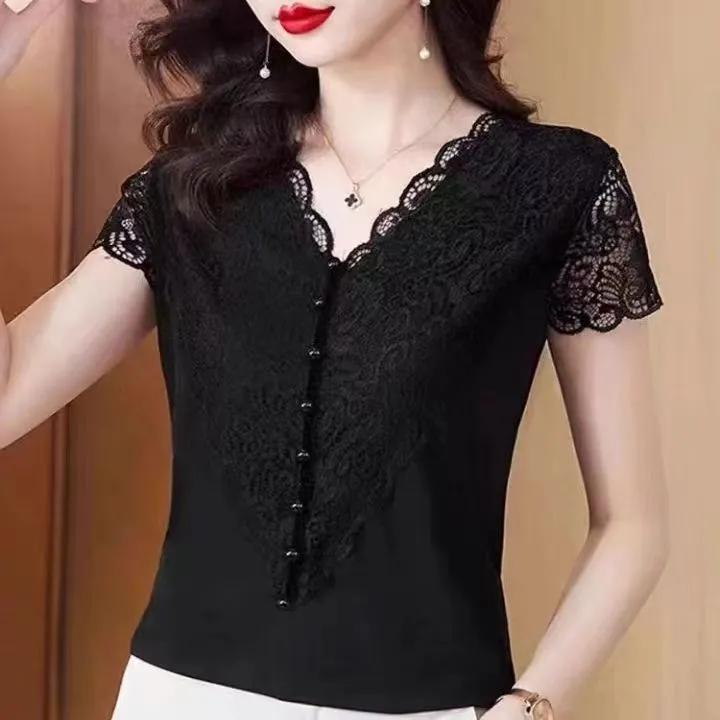 Women's Summer V-neck Short Short-sleeved Lace Top Solid Color Temperament Lace T-shirt