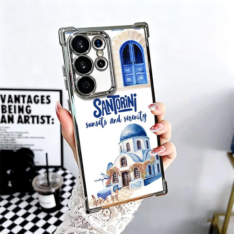 Santorini Greece Summer Plating Phone Case For Samsung Galaxy S24 S25 FE S26 Edge S23 Ultra S22 S21 Plus S20 Anti-Fall Airabag C