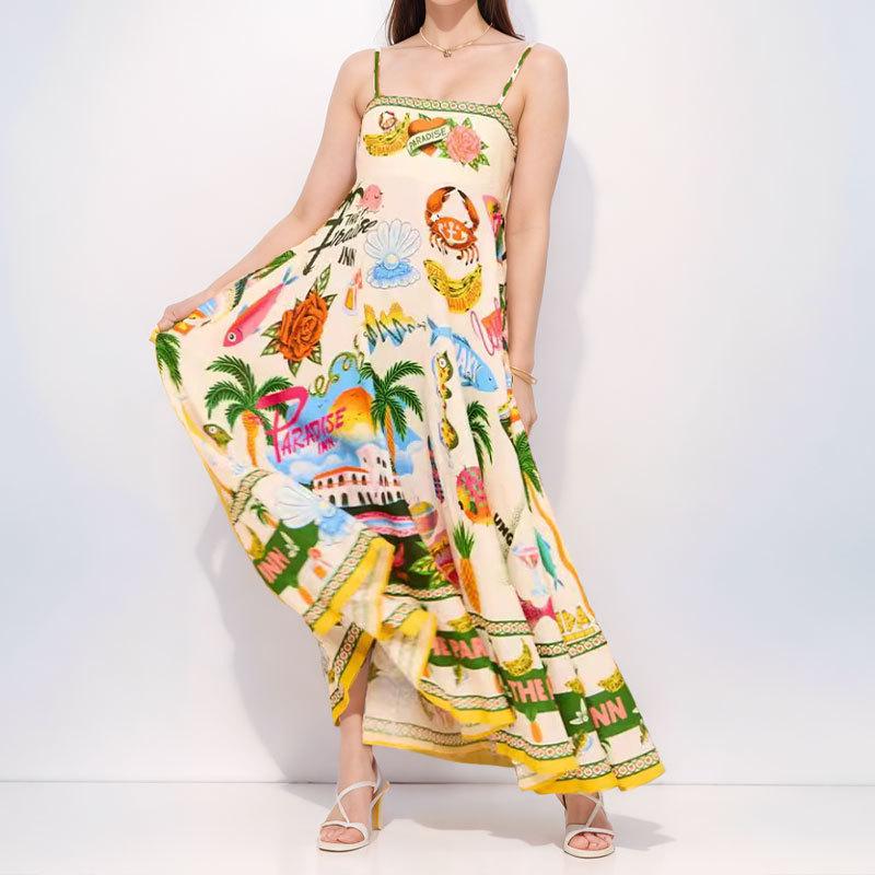 Frühling 2026 Europäisches & Amerikanisches Damenkleid mit Graffiti-Print - Sexy Spaghettiträger, Ärmellos, Großes Saumdesign