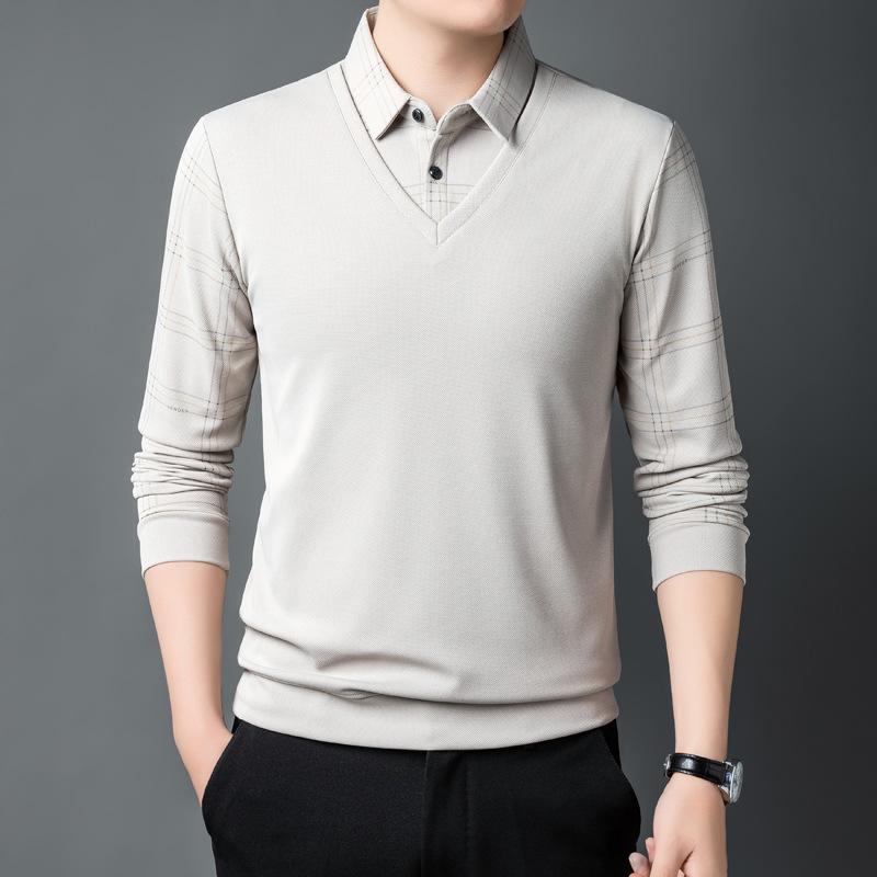 Pánská ležérní pletená košile s dlouhým rukávem a fleecovou podšívkou, vyšívaná kostka, vzhled vrstvení, klopový límec, mírně pružná tkanina na podzim/zimu