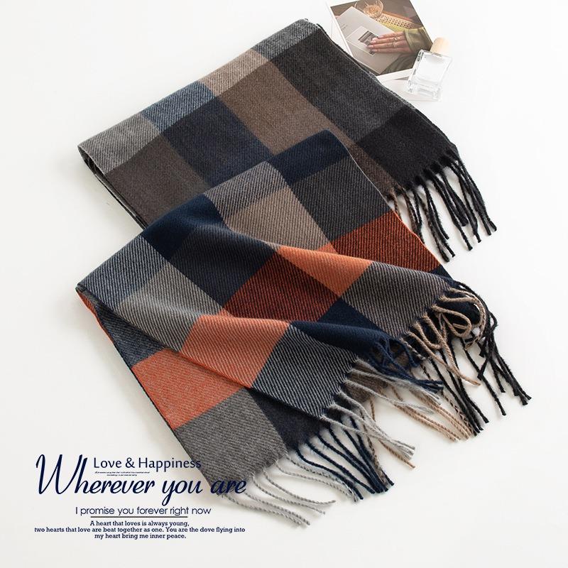 Winter-themed Check Pattern Faux Cashmere Scarf for Men, High-end Cold-weather Accessory, Shawl, or Neck Warmer.