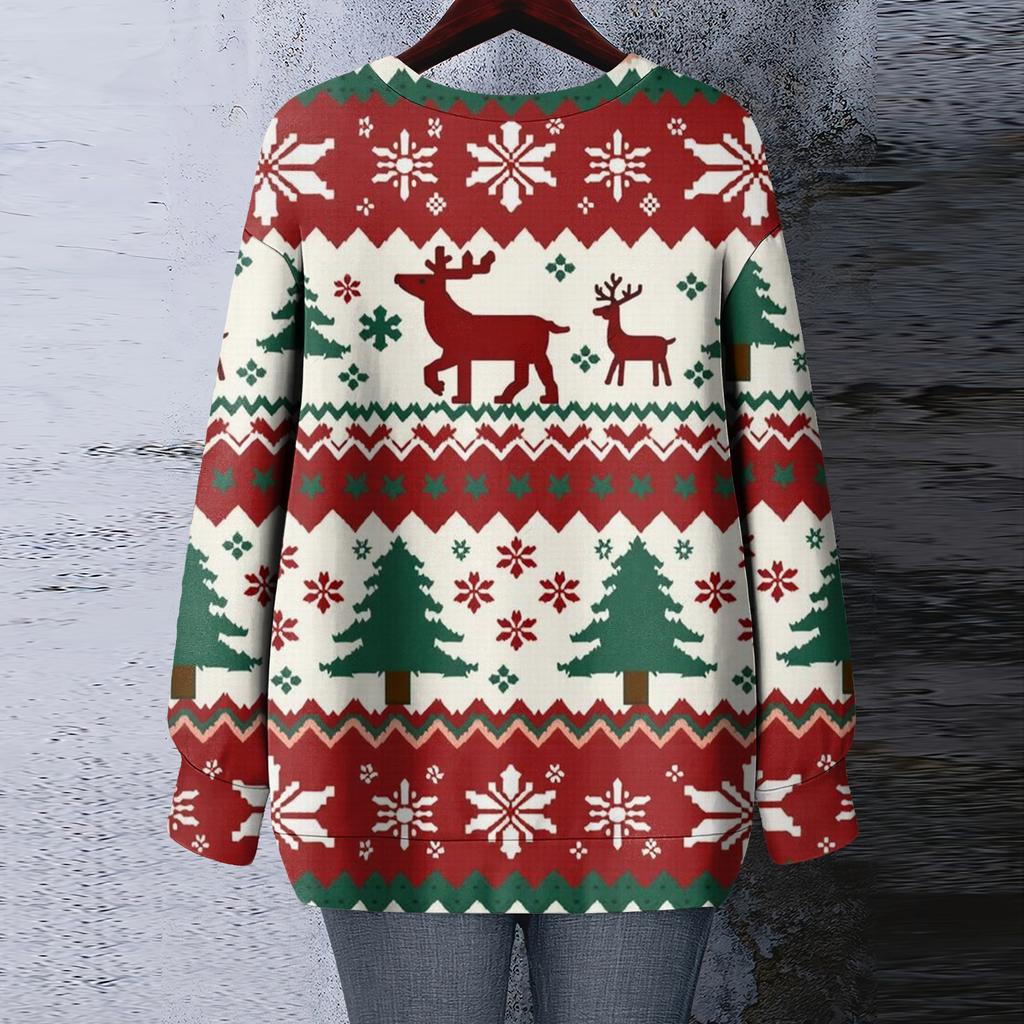 Ladies' Christmas Printed Round Neck Long Sleeved T-shirt Sweatshirt Top