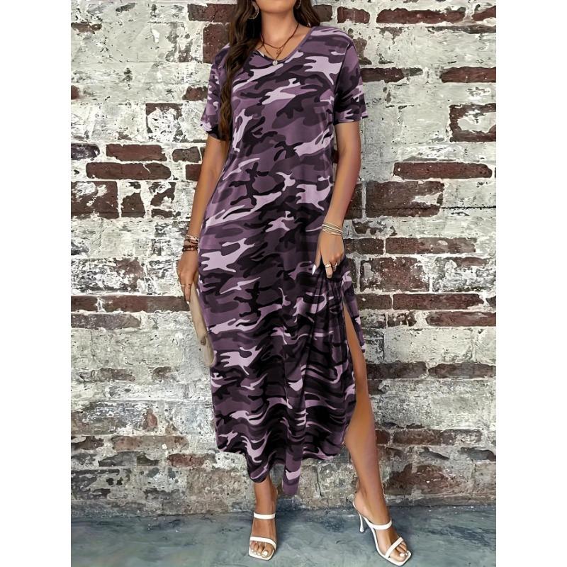 

Women s Camouflage Print Dress Spring/summer Round Neck Short-sleeved Comfortable Casual Dress XXL фіолетовий