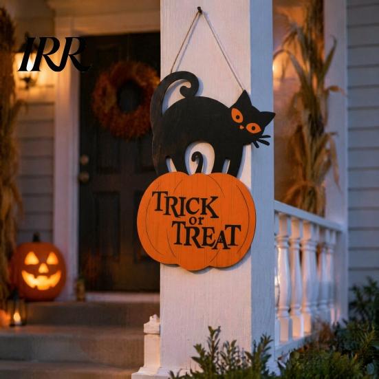 Black Cat Pumpkin Plaque Halloween Wooden Door Sign, And Plaque, Rustic Sign Farmhouse Wall Hanging Decor for Holiday Party Indoor Outdoor Art