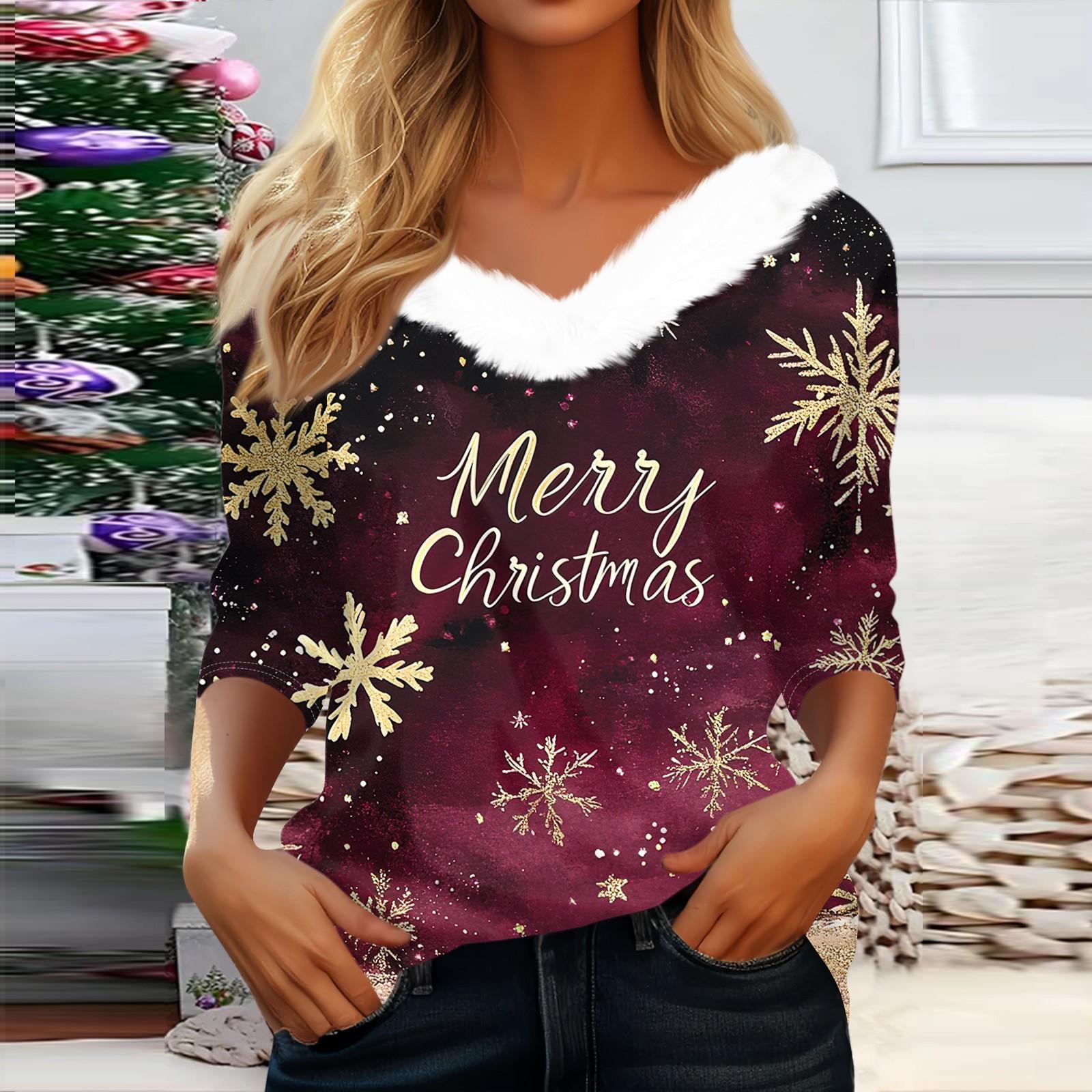 

Рубашки с рукавом 3/4 для женщин, рождественские футболки с графическим принтом, блузки, повседневные базовые топы на пуговицах больших размеров, пуловеры L фиолетовый