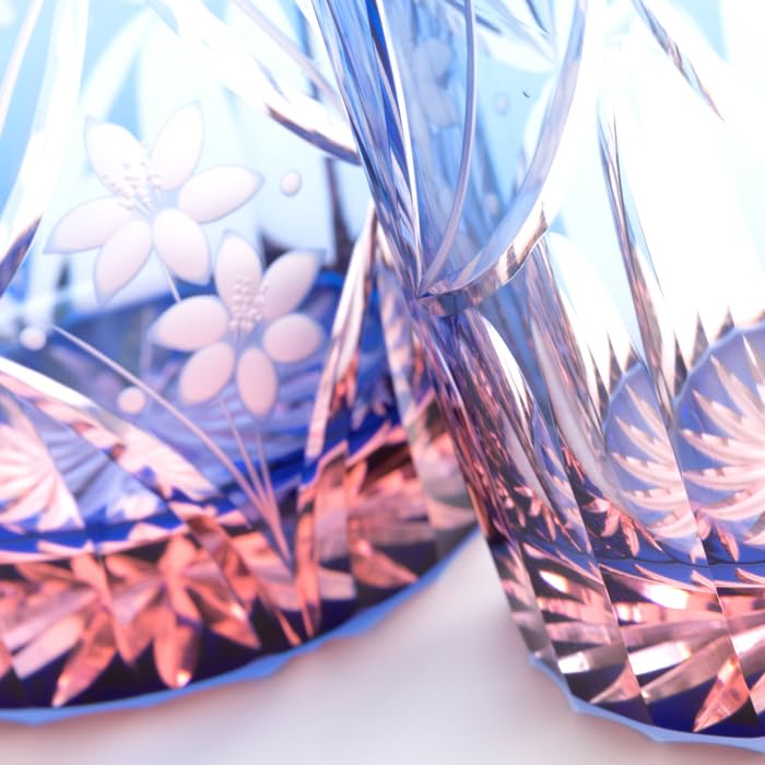 Glass Studio Saiho Edo Kiriko Shochu Glass, Rocks Glass, Tumbler Glass, Mini Vintage Flower Basket Design, Blue-Pink, Made in Japan, Gift Wrapping