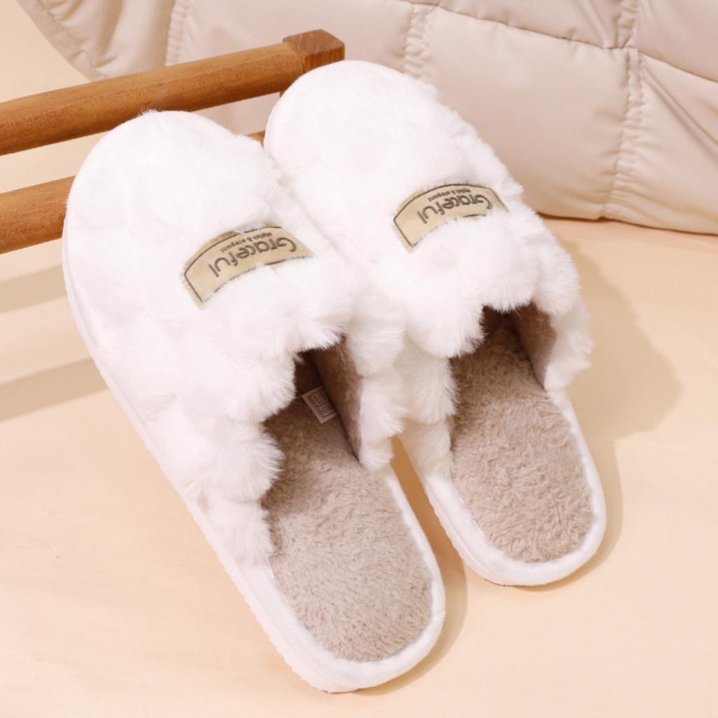 Hexagonal Leather Label Plush Slippers for Home Use, Thick Bottom, Warm and Non Slip Cotton Mop, Thickened and Plush