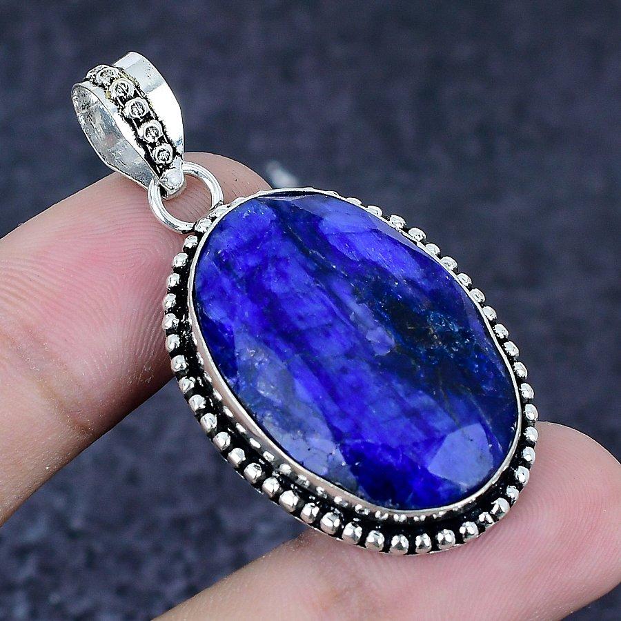 Natural Sapphire(Simulated) 925 Sterling Silver Jewelry Pendant 1.89" y0Z56
