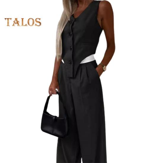 

2 шт./компл., женский топ, брюки, костюм без рукавов, с V-образным вырезом, однобортный жилет нестандартной формы, эластичные брюки с высокой талией, широкие брюки, однотонный формальный OL M чёрный