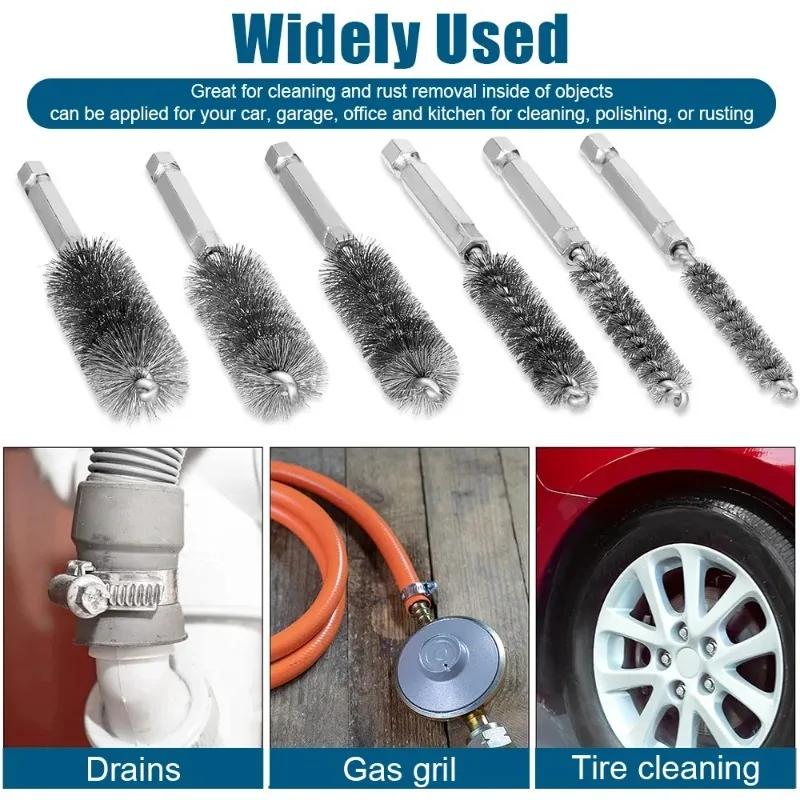 6pcs Stainless Steel Wire Brush Deburring and Polishing Hexagonal Rod Pipe Brush Cleaning Tools Grinding Polishing and Derusting