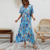 Summer New Elegant Long Dress V-Neck Printing High Waist Loose Swing Short Sleeve Dress Women