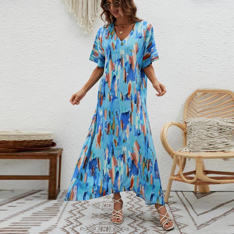 Summer New Elegant Long Dress V-Neck Printing High Waist Loose Swing Short Sleeve Dress Women