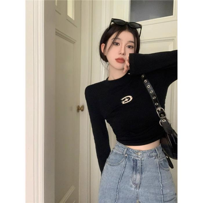 

Женская футболка с длинным рукавом в американском стиле, черная, облегающая, с открытыми плечами, для ранней осени L чёрный