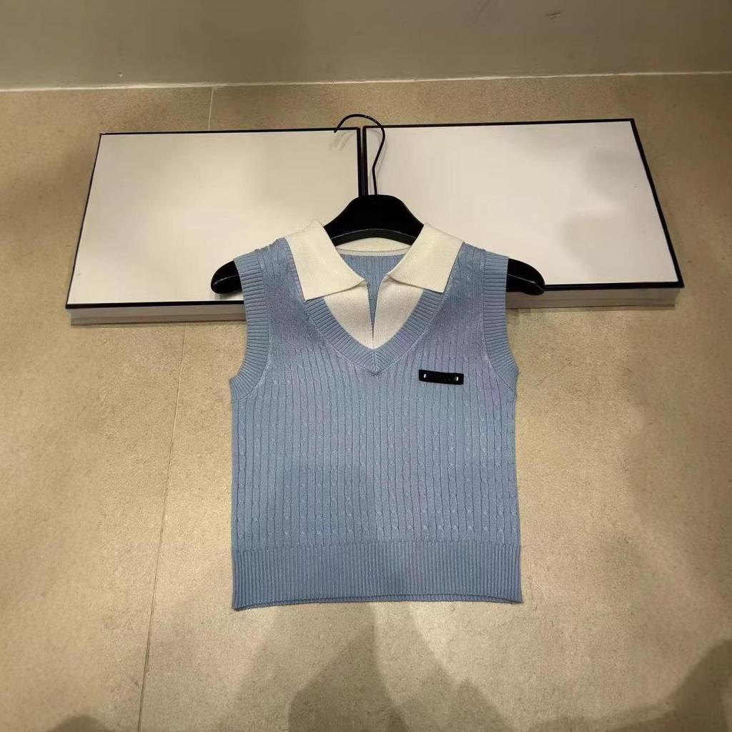 Miu Style 2026 Summer Color-Block Knit Lapel Vest - Slim Fit, Fashionable, Versatile Two-Piece Look