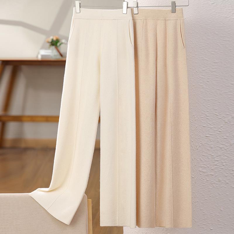 Dámské vlněné pletené kalhoty se širokými nohavicemi - Zeštíhlující, Středový šev, Zesílené, Ležérní, Délka až na zem pro podzim a zimu