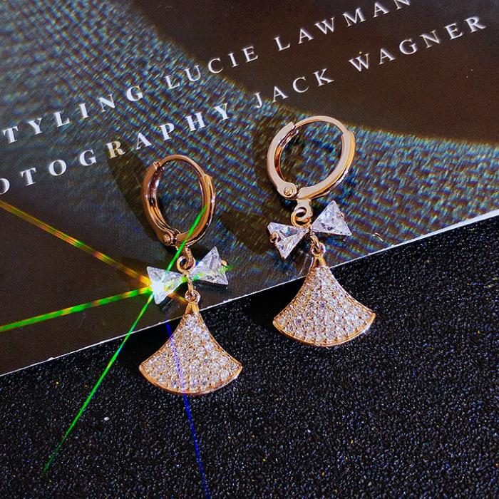 Temperament Small Skirt Earrings Zircon Bow Ear Buckle Fan Earrings Women'S Earrings