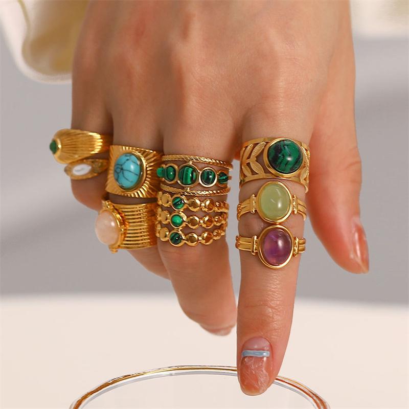 Stainless Steel Golden Plated Metal Bohemia Green Stone Ring for Women Fashion Adjustable Open Rings Jewelry Birthday Gifts