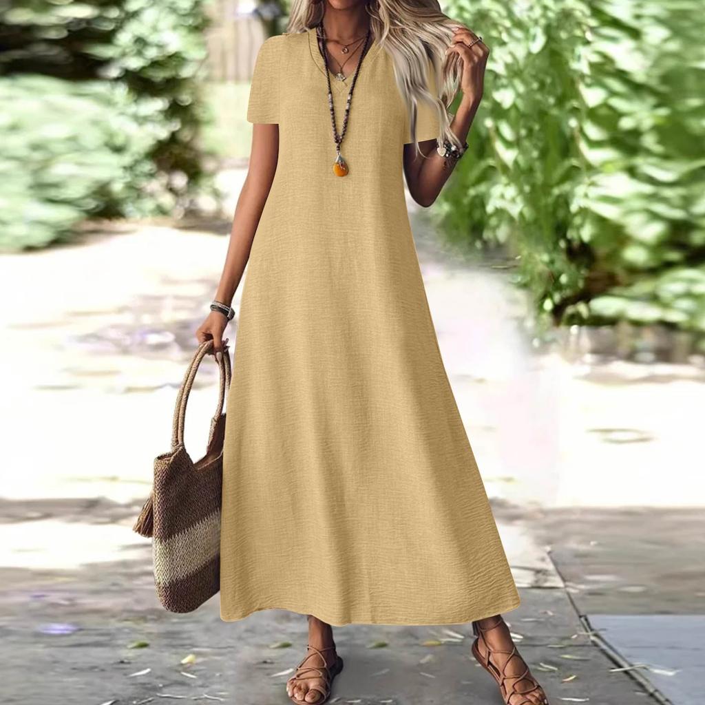 Women's Fashion V-Neck Short Sleeve Solid Color Zipper Casual Vacation Long Dress Cotton Linen Dresses
