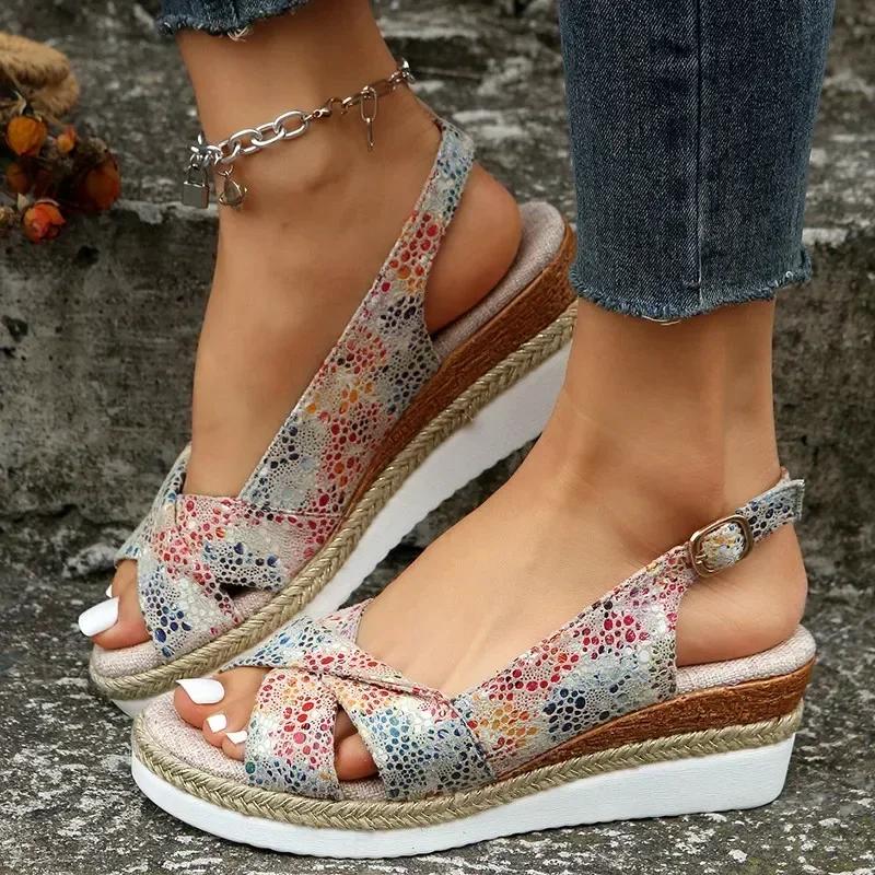 Fashion Wedge Flat Sandals Women Summer Slingbacks Peep Toe Platform Shoes for Women Light Non-slip Comfort Fabric Cushion Beach Sandals
