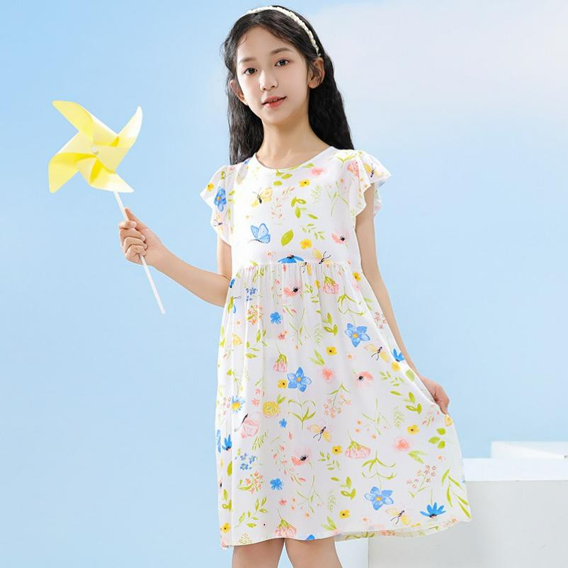 Girls' Cotton-padded Fly-sleeved Dresses, Big Children's Printed Floral Skirts, Back Straps, and Beach Skirts