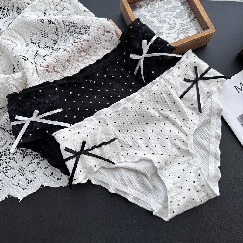 

Жіночі весняно-осінні трусики з бавовни з хвилястим візерунком у горошок та милим бантиком L білий