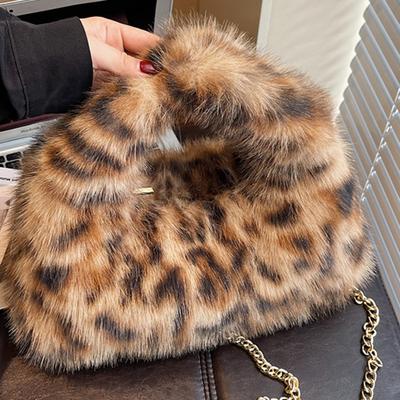Leopard Print Plush Handbag Bag Women's Autumn Trendy Fashion Casual Shoulder Crossbody Bag
