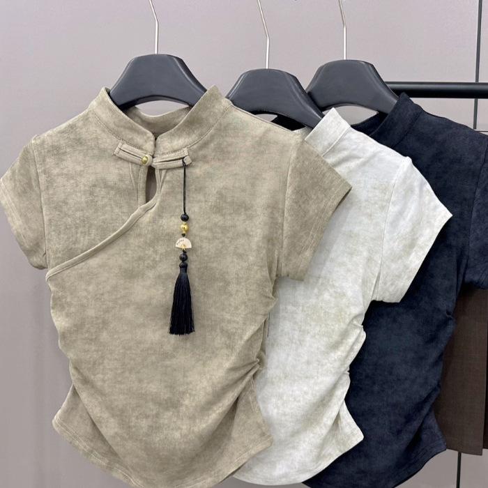 2024 Retro Chinese-Style Buttoned Gradient T-Shirt - Women's Short-Sleeve Summer Design