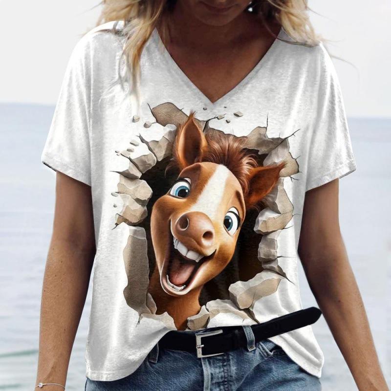 Sommer V-Ausschnitt 3D Tierdruck Top Modische Lässige Kurzarm Damen T-Shirts