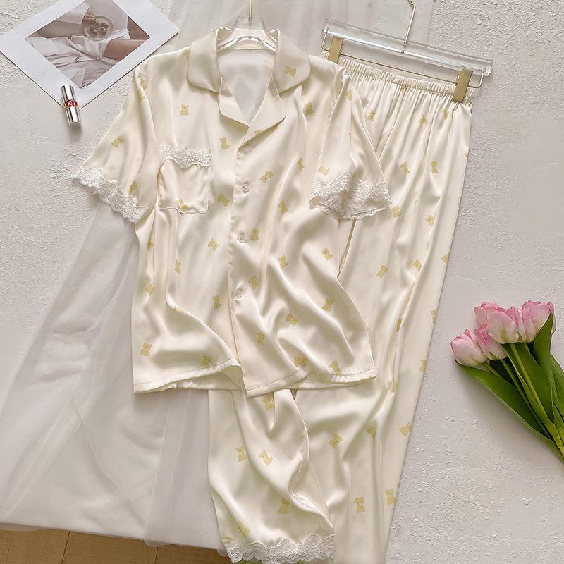 Summer French Cute Bear Print Pajamas Short-Sleeved Trousers Can Be Worn Outside A Two-Piece Set