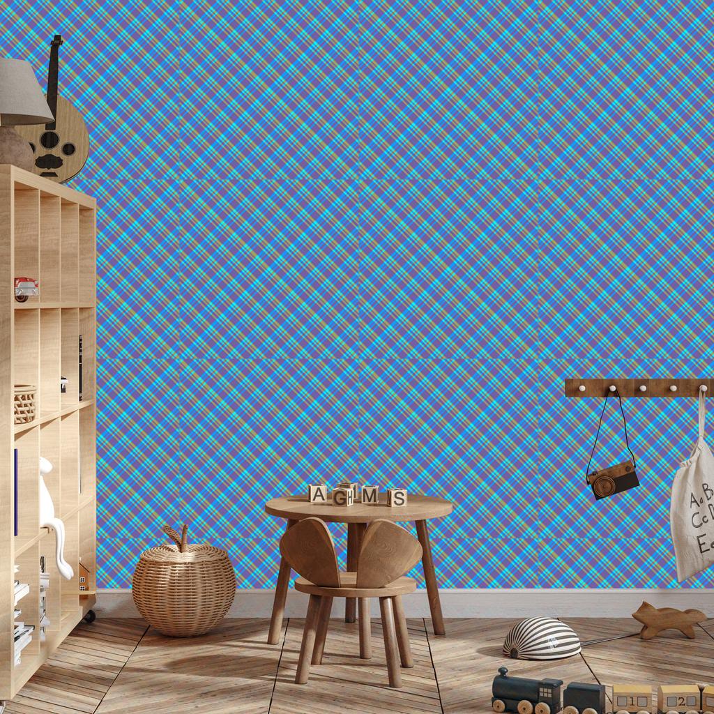 Blue and turquoise checkered wallpaper for living room and bedroom 50x1000