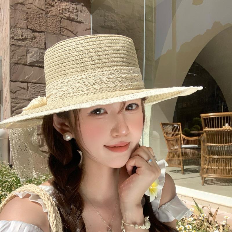 Small Fresh Pastoral Sweet Bow Sun Hat Children Beige Straw Hat Straw Hat Versatile Summer Photo