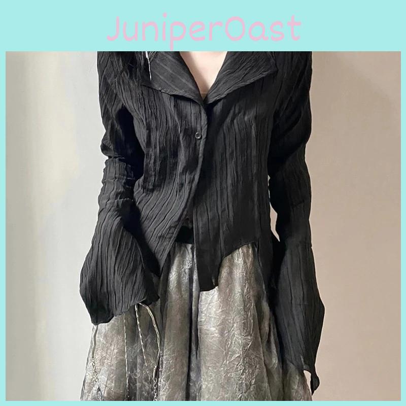 Black Shirts Women Shirtgothic Summer Korean Dark Academic Female Designed Irregular Tops Spring Fashion Streetwear Y2k Blouse Harajuku Shirt