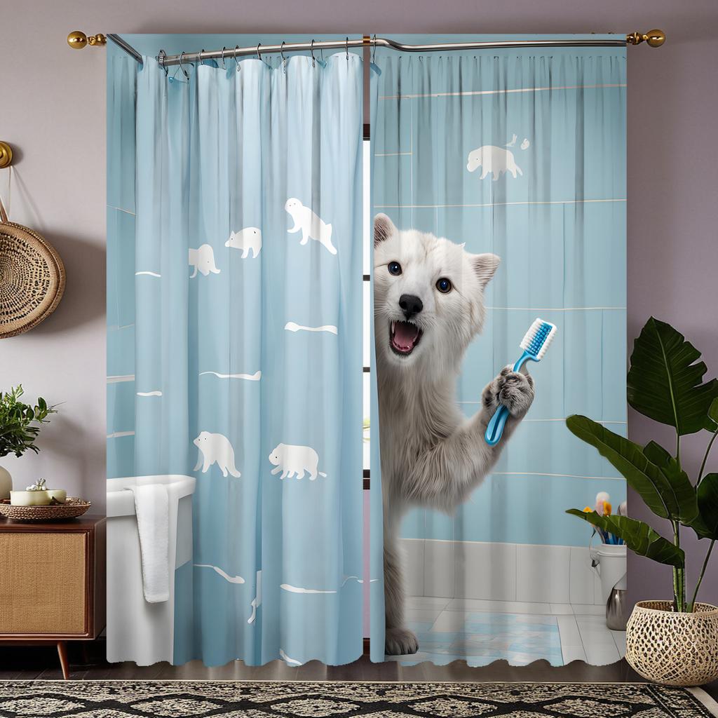 2pcs HD Polar Bear decorative curtain with brush Blue tie digital printed curtain Home Decoration style Decoration living roo