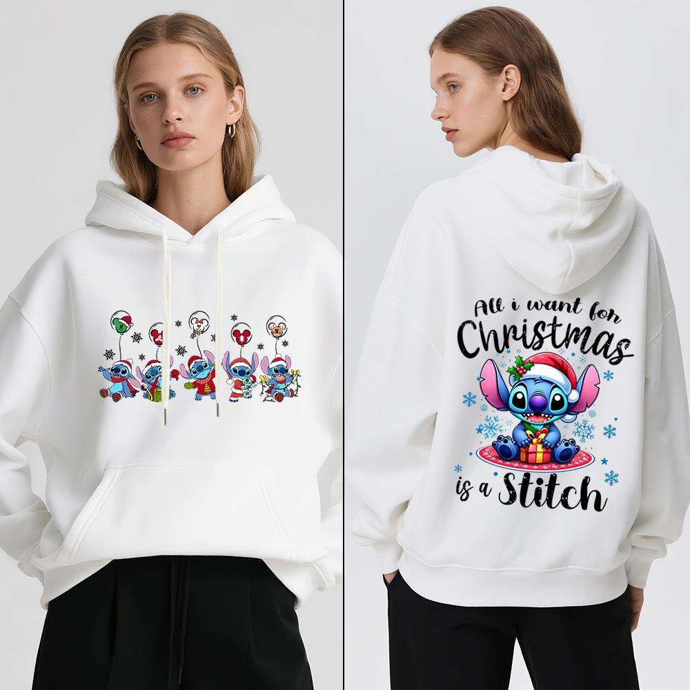 Disney Stitch Christmas Print Women Fleece Hoodie Winter Warm Pullover Casual Holiday Travel Party Outfit Soft Cozy Sweatshirt