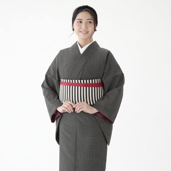 Kyoto Kimono Yuzen Half-Width Reversible Obi with Border and Washed-Style Narrow Obi for Women (Red)