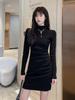 Velvet Women's Dress: Autumn/Winter Semi-High Neck, Long Sleeve, Slim Fit Hip Wrap Skirt