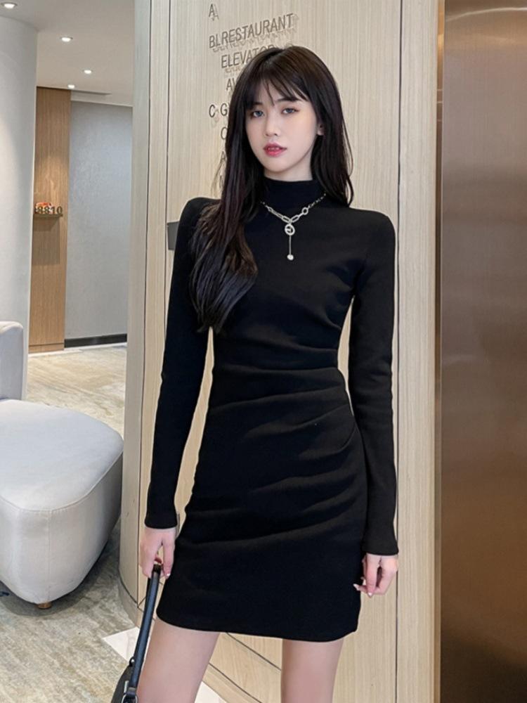 Velvet Women's Dress: Autumn/Winter Semi-High Neck, Long Sleeve, Slim Fit Hip Wrap Skirt