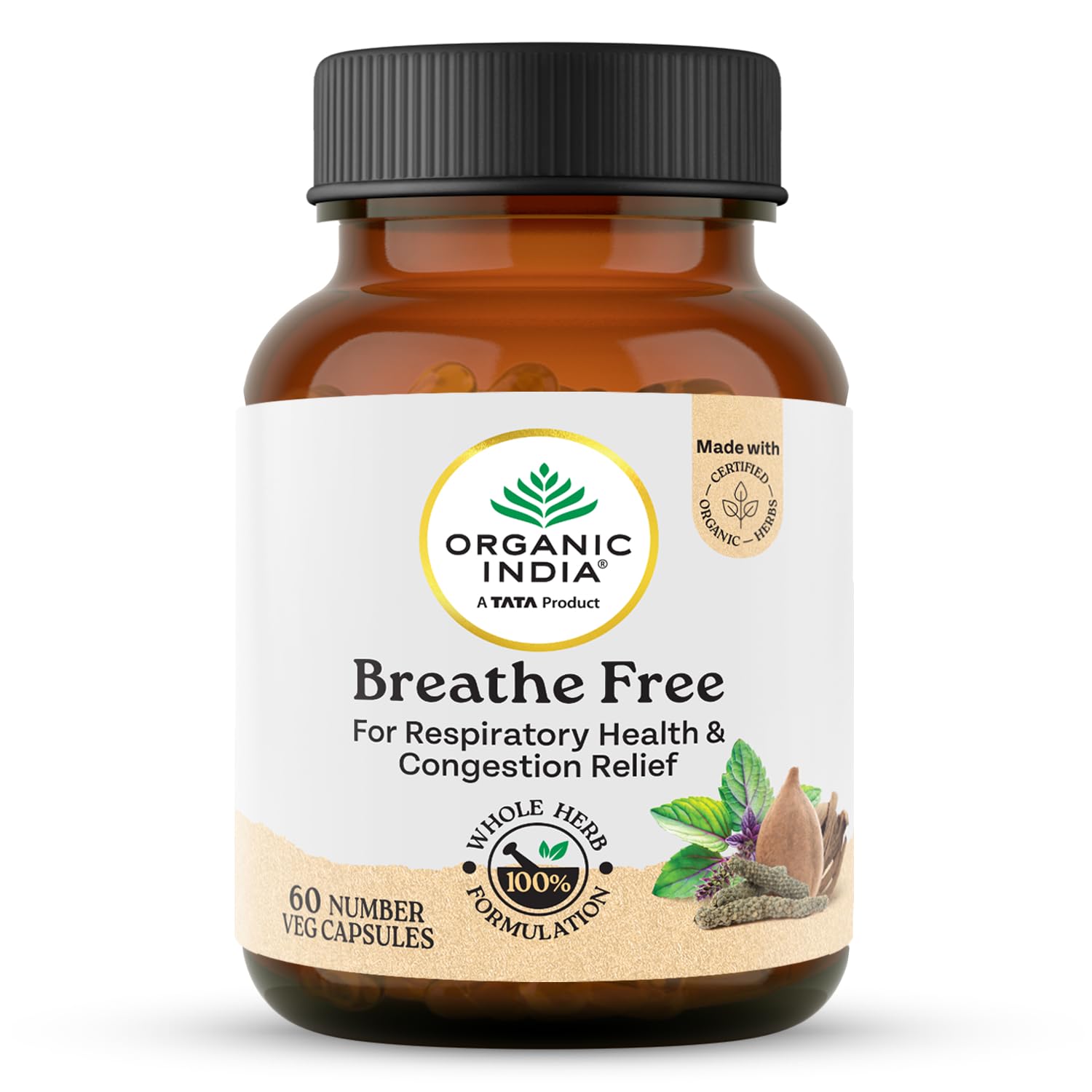 

Organic India Breathe Free 60 Veg Capsules for Respiratory Comfort, Congestion Relief and Lung Support, Natural Herbal Formula